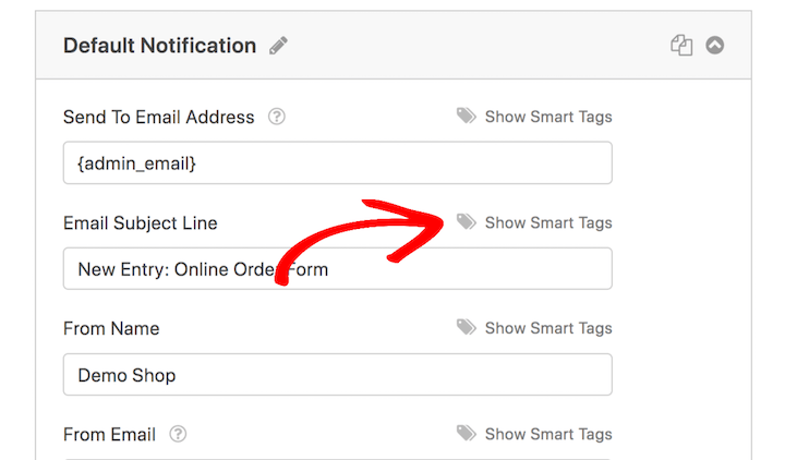 The option to use smart tags for online order forms in WordPress.