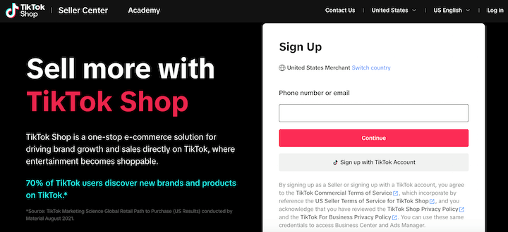 The TikTok Shop website as a place to sell digital products.