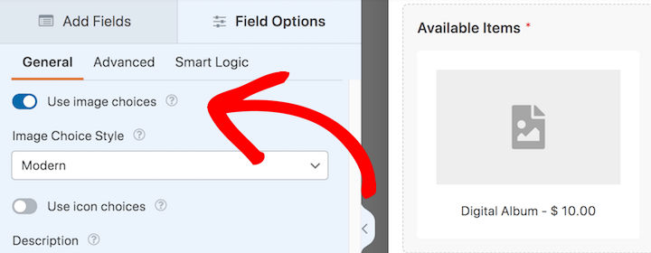 The item image settings in WPForms online order form builder.