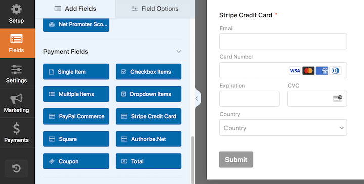 The Payment Fields section of the WPForm builder for an online order form.