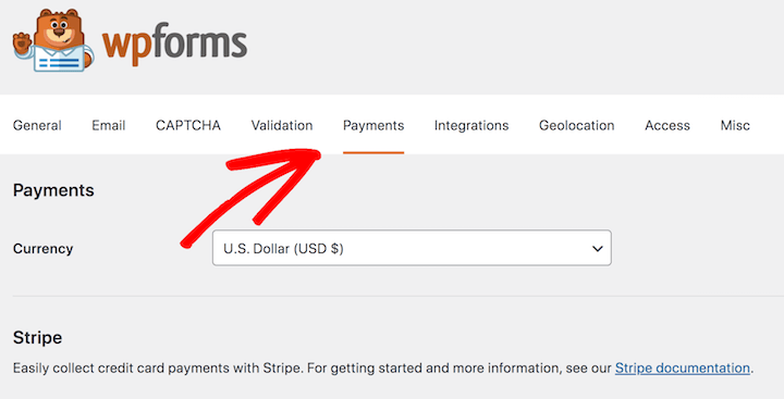 The WPForms Payment settings tab.