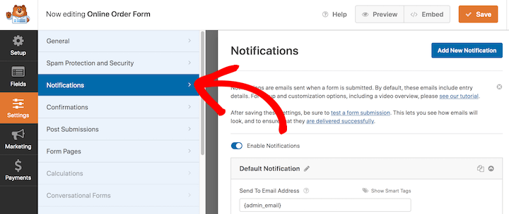 The WPForms notifications online order form settings.