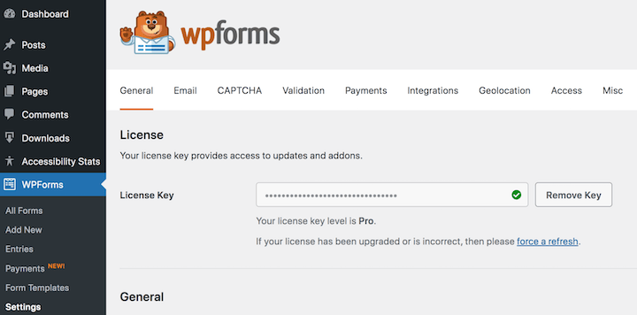 The WPForms plugin settings general settings page.