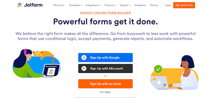 The Jotform free online form builder website.