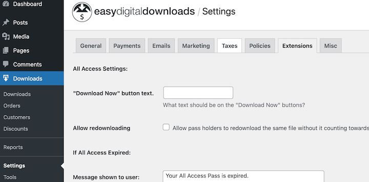 The All Access settings screen in Easy Digital Downloads.