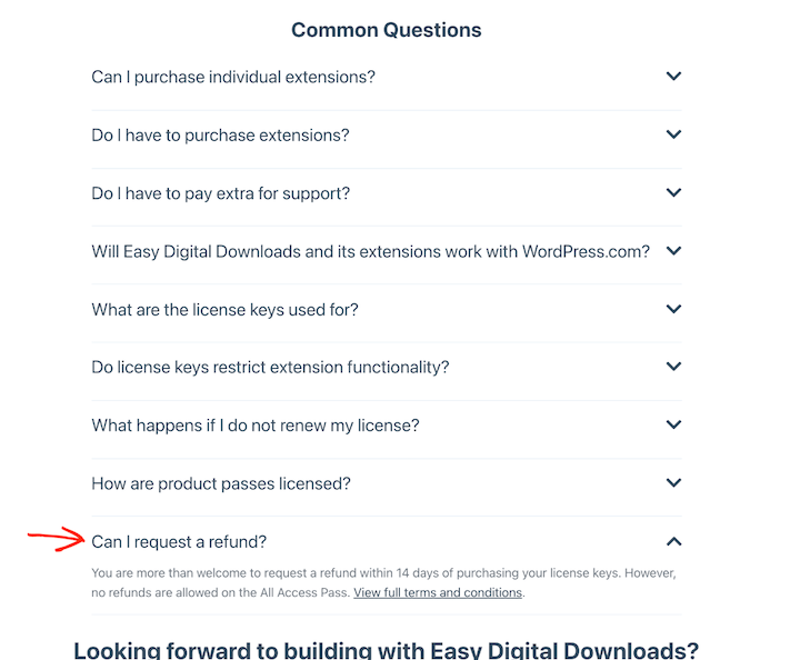 A FAQs page addressing refund request question.