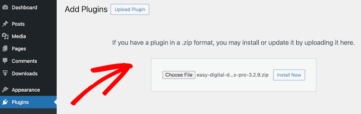 Uploading and installing EDD plugin in WordPress.