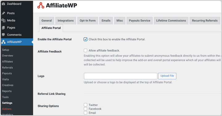 Enabling the Affiliate Portal in WordPress.