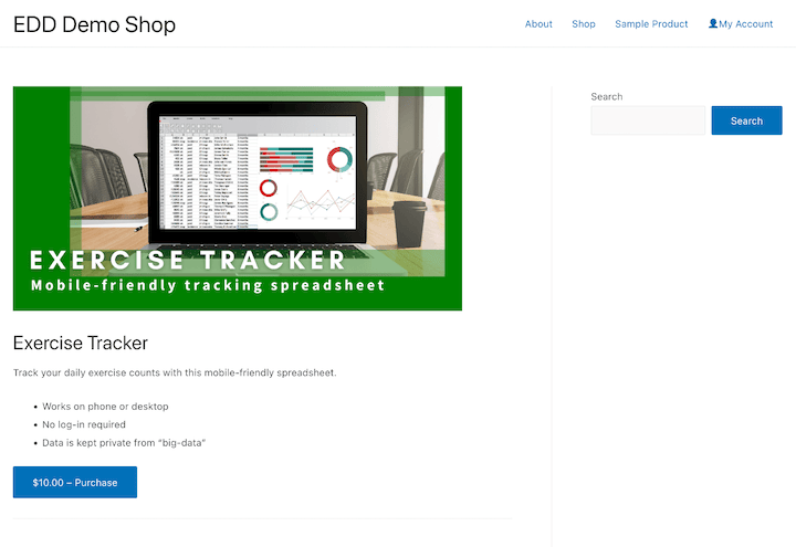 An EDD product page in WordPress to sell Excel or Google Spreadsheets.