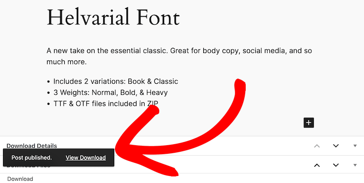 The View Download option after publishing a product page to sell fonts.