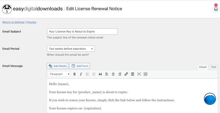 The interface for creating and editing software license renewal reminders notices & emails in EDD.