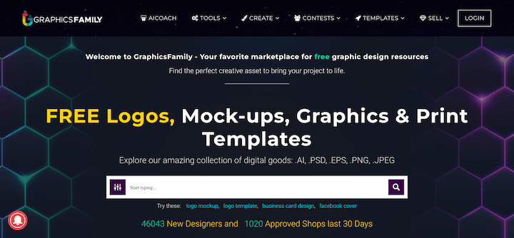 The GraphicsFamily website selling digital products for graphic design.