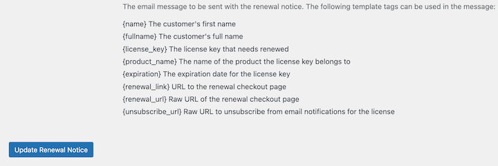 EDD email tags to personalize software license key renewal reminder emails.