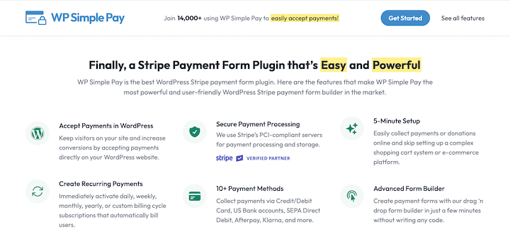 WP Simple Pay plugin website listing product features.