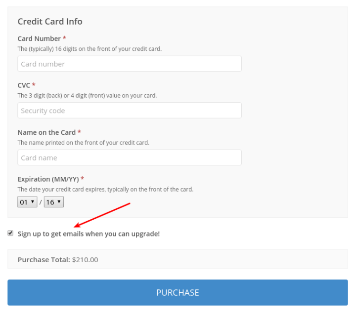 Screenshot of payment area with Checkbox for signing up to an email list highlighted