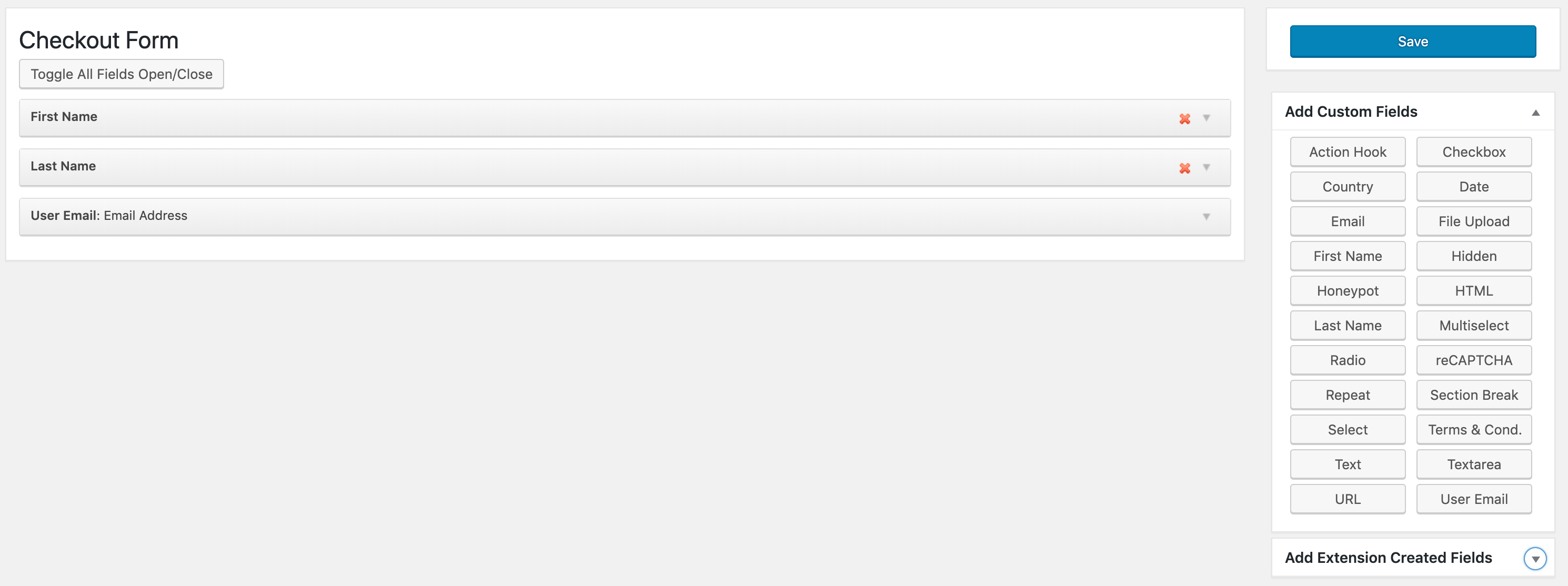 screenshot of the custom checkout form editor