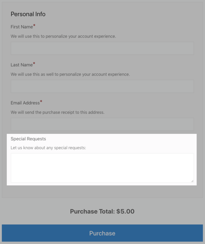 screenshot of checkout form with custom text field