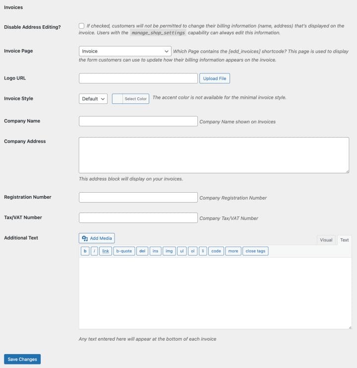 Screenshot: Invoice settings screen