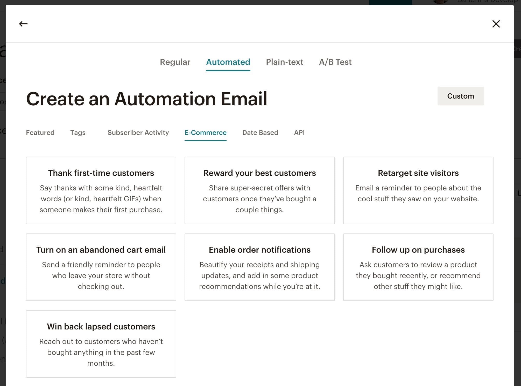 screenshot of the mailchimp email automation possibilities