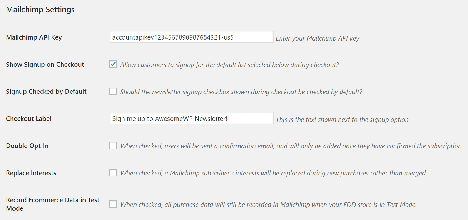 screenshot of the advanced settings for mailchimp
